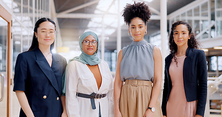 Image showing Diversity, empowerment and portrait of team of women at creative marketing startup company. Teamwork, diversity and confident group of women with focus, smile and ideas in advertising industry office