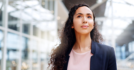 Image showing Leadership, business and black woman walking in office thinking of goals, mission and vision in workplace. Success, corporate startup and female entrepreneur with ideas, motivation and confidence