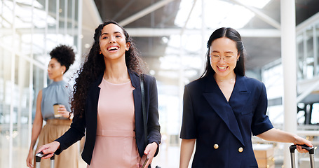 Image showing Business woman, phone and walking with luggage in travel for work trip partnership at the workplace. Happy women talking or chatting on a walk to the airport for opportunity or journey with suitcase