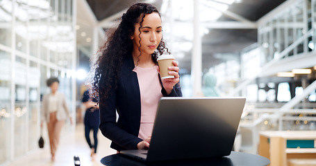 Image showing Coffee, laptop and business woman in airport waiting for flight, departure and working for business trip. Corporate travel, career and girl on computer for international, global and overseas project