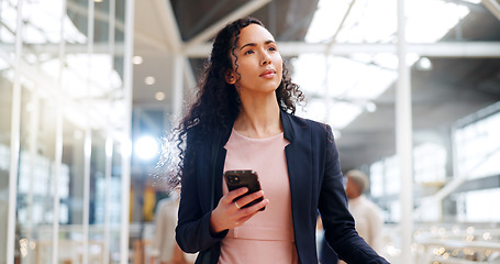 Image showing Black woman, leader and business woman in office building with mindset, ambition and vision for future. Woman, thinking and mission in new job, looking and contemplate strategy for goal or innovation