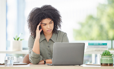 Image showing Office laptop, burnout and black woman reading feedback review of social media, customer experience or ecommerce website. Mental health, headache and employee tired from analysis of online survey