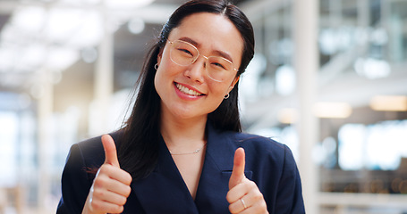 Image showing Thumbs up, walking and face of business woman with emoji gesture for congratulations, job well done or winner. Agreement, finished and portrait of happy Asian employee with yes hand sign for success