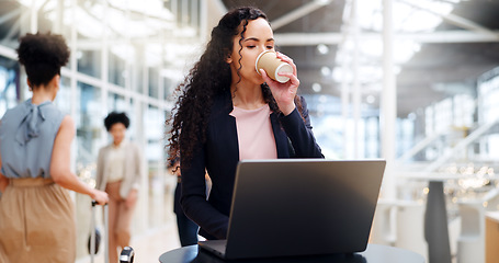 Image showing Coffee, laptop and business woman in airport waiting for flight, departure and working for business trip. Corporate travel, career and girl on computer for international, global and overseas project