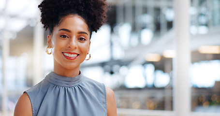 Image showing Leadership, business and black woman wink walking in corporate workplace with goals, mission and vision. Success, startup and happy girl entrepreneur with happy mindset, motivation and confidence