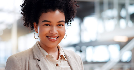 Image showing Leadership, business and black woman wink walking in corporate workplace with goals, mission and vision. Success, startup and happy girl entrepreneur with happy mindset, motivation and confidence