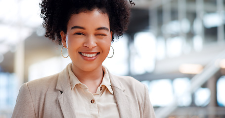 Image showing Leadership, business and black woman wink walking in corporate workplace with goals, mission and vision. Success, startup and happy girl entrepreneur with happy mindset, motivation and confidence