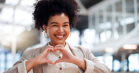 Image showing Black woman with hand heart, face and career love, happy with corporate business and professional success. Modern office, happiness and vision, sign with hands and pride in job, portrait in workplace