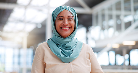 Image showing Muslim, business woman and success with face, executive and happy with career, vision with Islamic company. Professional portrait, employee in hijab and leader with corporate motivation and mindset