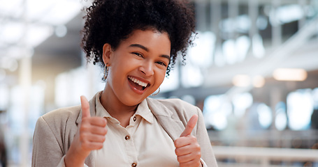 Image showing Thumbs up, business and face of black woman with emoji gesture for congratulations, job well done or winner. Agreement, finished and portrait of happy African employee with yes hand sign for success