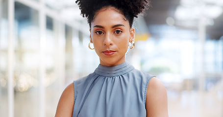 Image showing Face, mindset or vision and a business black woman at work standing in her office with a mission for the future. Motivation, goal and target with a female employee working for corporate success