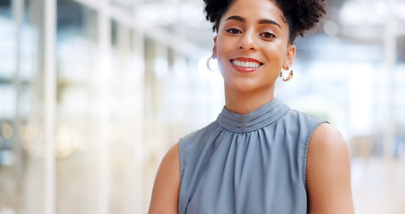 Image showing Leadership, business and black woman wink walking in corporate workplace with goals, mission and vision. Success, startup and happy girl entrepreneur with happy mindset, motivation and confidence