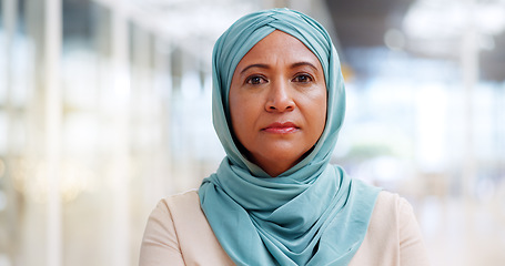 Image showing Muslim, business woman and success with face, executive and happy with career, vision with Islamic company. Professional portrait, employee in hijab and leader with corporate motivation and mindset