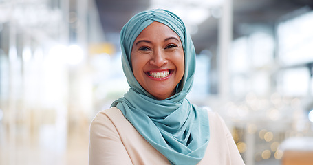 Image showing Muslim, business woman and success with face, executive and happy with career, vision with Islamic company. Professional portrait, employee in hijab and leader with corporate motivation and mindset