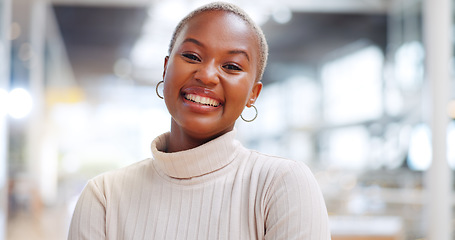 Image showing Leadership, business and black woman wink walking in corporate workplace with goals, mission and vision. Success, startup and happy girl entrepreneur with happy mindset, motivation and confidence