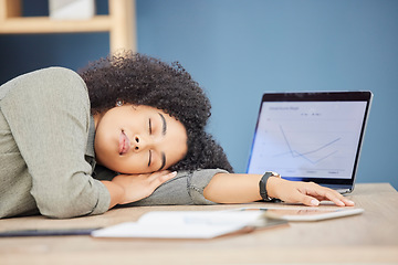 Image showing Sleep, office burnout and black woman tired from review of stock market data, economy infographic or trading analytics. Business fatigue, overtime and sleeping trader with forex, NFT or chart