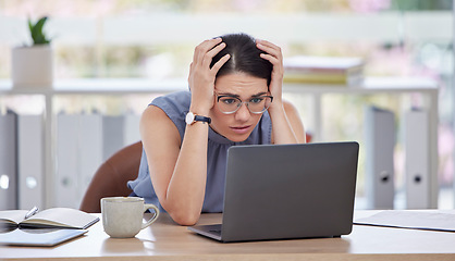 Image showing Stress, anxiety and woman with glitch on laptop in office frustrated, worry and confused from 404 error. Technology, cybersecurity and girl worker with digital hacker, spam and scam problem at desk