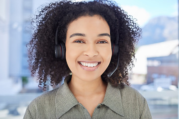 Image showing Call center, smile and portrait of business woman for customer service, consulting and technical support. Help desk, advisory and telemarketing with employee and microphone for online sales in office