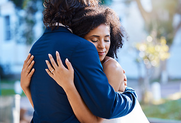 Image showing Couple, hug and love while outdoor for wedding celebration event together with commitment. Happy married man and woman at park with trust, partnership and gratitude for interracial marriage