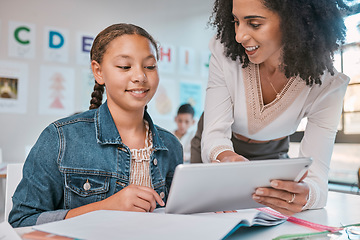 Image showing Education, girl or teacher and student on tablet for exam learning, assessment idea or scholarship support. Research, school or kid in classroom on tech for information help, search or grade analysis