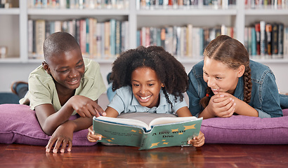 Image showing Children in library, book and reading with learning and education, happy with friends and academic growth. Knowledge, information and development with young students, learn with school group