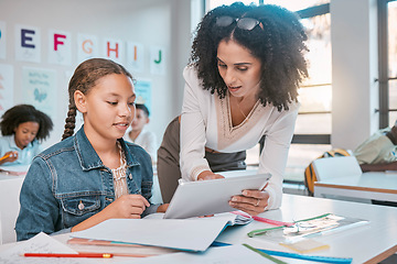 Image showing Education, tablet or girl students with teacher for ebook learning, assessment idea or scholarship research. Consulting, school or kid in classroom for information help, collaboration or search