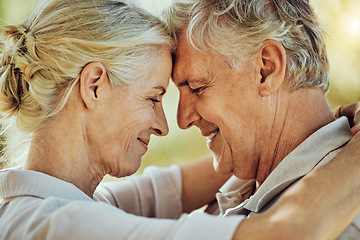 Image showing Senior couple, face and forehead touch with love, care or commitment in retirement. Happy man, elderly woman and pensioner hug of romance, smile or happiness together in marriage relationship at park