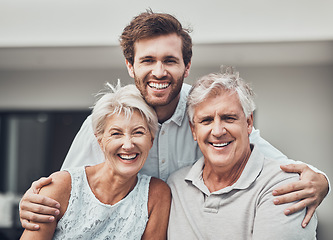 Image showing Family, smile portrait and hug for new home property, homeowner real estate and love together outdoor. Parents happiness, son and quality time in house backyard for support, care and trust outside