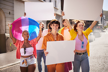 Image showing Poster mockup, lgbt protest and people walking in city street for activism, human rights and equality. Freedom, diversity support and lgbtq community crowd with billboard space for social movement
