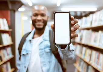 Image showing Mockup screen, education or black man with phone in library for research, advertising or project management. Smile, happy or university student with tech for learning, scholarship study or web search