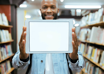 Image showing Mockup screen, education or black man on tablet in library for research, advertising or project management. Smile, happy or university student with tech for learning, scholarship study or web search