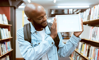 Image showing Mock up, student or black man on tablet screen for advertising, scholarship results or research review in library. Education, school or male with tech in university for internet, website or learning