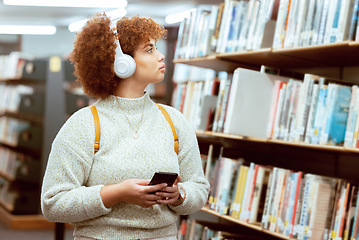 Image showing Books, phone or student in a library to search for knowledge or university education for future growth. Scholarship, radio music or school girl in headphones studying or learning college information