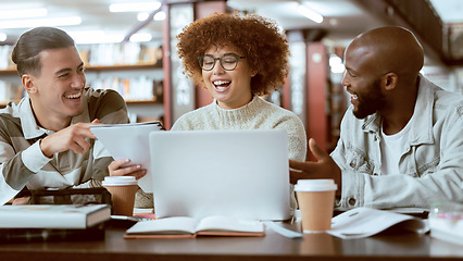 Image showing Teamwork, education or students with laptop in library for research, collaboration or project management. Group, happy or university people with tech for learning, scholarship study or web search