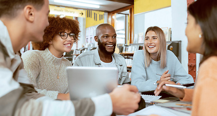 Image showing Teamwork, education or students with tablet in library for research, collaboration or project management. Group, happy or university people smile on tech for learning, scholarship study or web search