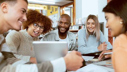 Image showing Teamwork, education or students with tablet in library for research, collaboration or project management. Smile, happy or university people with tech for learning, scholarship study or web search