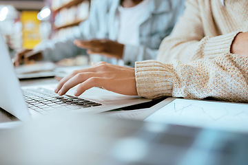 Image showing Hands, laptop and typing on keyboard for research, browsing or learning at campus library. Hand of student working, studying or writing project assignment for scholarship on computer in study