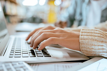 Image showing Closeup, student hands and typing on laptop at desk for studying, planning and learning for goals. Man, keyboard and computer for brainstorming and online research for ideas at university library