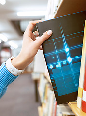 Image showing Books, hand or student in library to search reading for knowledge or development for future growth. Shelf, zoom or high school girl studying or learning college test information, physics or science