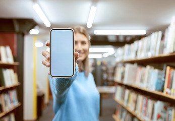 Image showing Mockup screen, education or woman with phone in library for research, advertising or project management. Smile, happy or university student with tech for learning, scholarship study or web search