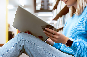 Image showing Hands, woman and reading books on library floor, ground and campus learning. Closeup student, textbook and studying of knowledge, research and information at college of education, university or shelf