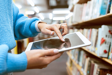 Image showing Student, tablet screen and library bookshelf of a woman at an education and knowledge center. University, college and study building with a person with technology looking at social media app