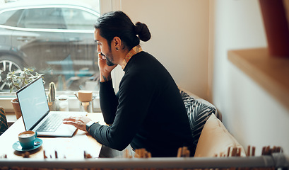 Image showing Thinking, writing and man in coffee shop for remote work inspiration, creative essay and phd research on laptop. Computer, internet cafe and thoughtful person or student for studying ideas on screen