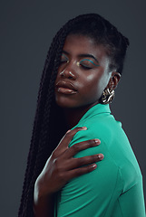 Image showing Black woman, fashion and makeup in studio for beauty, wellness or cosmetics for skincare glow by background. African gen z model, cosmetic or edgy hipster clothes for pride, satisfaction or self love