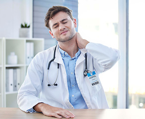 Image showing Stress, neck pain and medical with doctor in office for consulting, mental health and physical therapy. Medicine, healthcare and injury with tired man in hospital with injury, exhausted and muscle