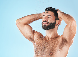 Image showing Grooming, hair and hygiene with a man model washing in the shower for hydration or cleaning. Water, body and haircare with a handsome male using keratin treatment in the bathroom for personal care