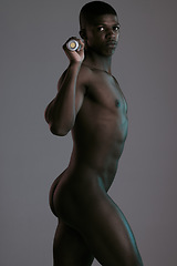 Image showing Black man, nude and skin with portrait, body and bat with fitness, muscle and sexy isolated on dark background. Abs, butt and muscular with naked person, baseball and sensual, strong male in sports