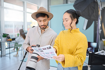 Image showing Photography, camera and team check photoshoot results, creative memory picture or Tokyo Japan production. Lens, art creativity and photographer partnership, teamwork and analysis of artistic shot