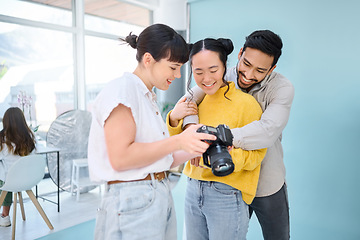 Image showing Photography, camera and team check photo results, creative memory picture or Tokyo Japan production. Lens, art creativity and happy photographer partnership, teamwork and analysis of artistic shot