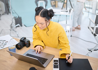 Image showing Graphic tablet, laptop and photography woman editing photoshoot, focus on digital art or retouching artistic photo. Design pen, creative and top view of Asian photographer working on camera process